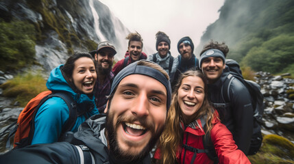 A group of young people standing in front of the waterfalls in nature, wearing backpacks and taking a selfie. Adult friends, males and females smiling at the camera, standing outdoors in nature - Powered by Adobe