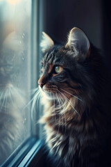 Naklejka premium Portrait of a beautiful tabb cat on a window