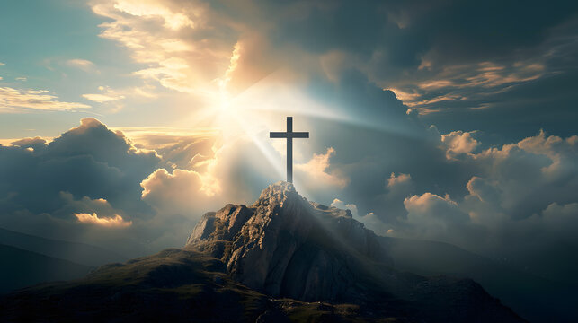 holy cross symbolizing the death and resurrection of Jesus Christ with The sky over Golgotha Hill is shrouded in light and clouds