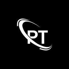 PT logo. PT design. White PT letter Logo. PT letter logo design. Initial letter PT linked circle uppercase monogram logo