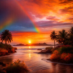    Experience the magic of a rainbow emerging during the golden hues of a sunset. 