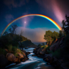    Marvel at the rare beauty of a rainbow arching across the night sky under the gentle glow of the moon. 