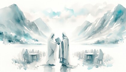 Ten Commandments given at Mount Sinai to Moses. Exodus 20. Old Testament. Watercolor Biblical Illustration