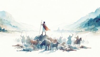 Naklejka premium The King David defeats the Jebusites to win Jerusalem. Old Testament. Watercolor Biblical Illustration