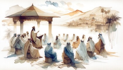 Ezekiel prophesies to Jews in Babylon during exile. Old Testament. Watercolor Biblical Illustration - obrazy, fototapety, plakaty