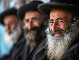 Fototapeta premium Smiling jews Jewish orthodox men dressed in black clothes and hats