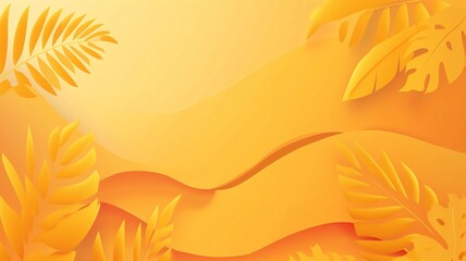 Yellow gradient background with leaves including palm and philodendron - obrazy, fototapety, plakaty