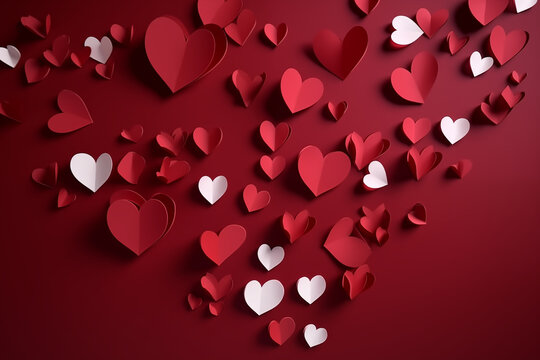 Crimson Love: Paper Hearts Illuminate a Passionate Red Canvas, Crafting a Tale of Romance and Artistry