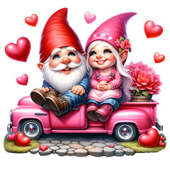 Watercolor Couple Gnome with pink vintage truck Clipart isolated on Transparent Background, Valentine Couple Gnome Sublimation Clipart
