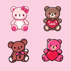 Set of 4 teddy bears vectors, happy valentines day vectors