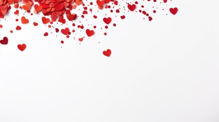A banner with a clean white background is scattered with red paper hearts of various sizes, creating a festive Valentine's Day theme