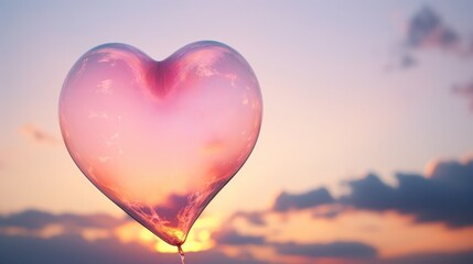 Fototapeta premium a translucent heart-shaped balloon against a sunset sky with clouds, evoking a feeling of love and nostalgia.