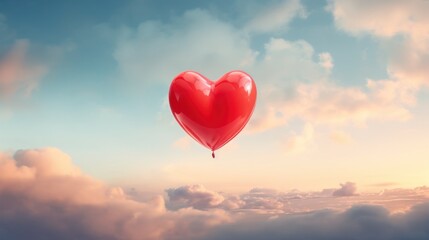 Obraz premium a shiny red heart-shaped balloon floating in a sky with soft clouds during sunset.