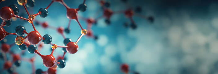 banner with a close-up of a molecular structure model with a blue bokeh background.