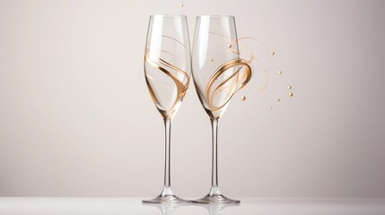 two elegant champagne glasses with a golden liquid splashing out in a dynamic celebration.