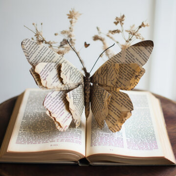 a butterfly crafted from newspaper with delicate wings, perched on an open book.