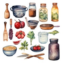 A collection of watercolor kitchen elements.