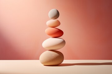 Balancing white pebbles each other on the seashore on the peach fuzz background - obrazy, fototapety, plakaty