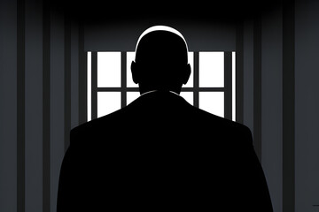 Silhouette of a person in a jail prison cell behind bars Looking Out a window In A Police Station Law And Order Justice Incarceration Punishment Crime Theme Pop Art Style