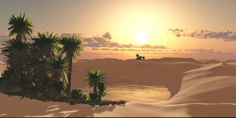 Oasis at sunset in a sandy desert, a panorama of the desert with palm trees,
3d rendering