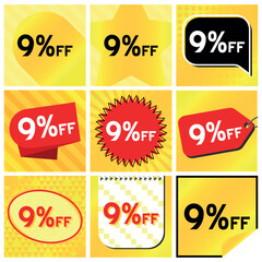 9% Discount Labels Set, 9 Variations - Ball Star in Stripes, Speech Bubble, Coupon, Starburst Stamp, Price Tag, Oval, Calendar, Sticker. Yellow Orange Background