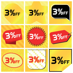 3% Discount Labels Set, 9 Variations - Ball Star in Stripes, Speech Bubble, Coupon, Starburst Stamp, Price Tag, Oval, Calendar, Sticker. Yellow Orange Background