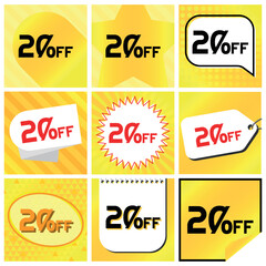 20% Discount Labels Set, 9 Variations - Ball Star in Stripes, Speech Bubble, Coupon, Starburst Stamp, Price Tag, Oval, Calendar, Sticker. Yellow Orange Background