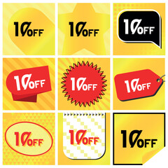 10% Discount Labels Set, 9 Variations - Ball Star in Stripes, Speech Bubble, Coupon, Starburst Stamp, Price Tag, Oval, Calendar, Sticker. Yellow Orange Background