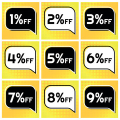 Numbers Discounts Set - Black and White Speech Bubble Label in Square Shaped Image of 1%, 2%, 3%, 4%, 5%, 6%, 7%, 8% and 9% off. Orange and Yellow Background