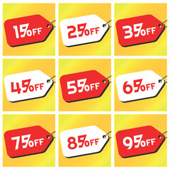 Numbers Discounts Set - Price Tag Label in Square Shaped Image of 15%, 25%, 35%, 45%, 55%, 65%, 75%, 85% and 95% off. Orange and Yellow Background