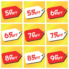 Numbers Discounts Set - Price Tag Label in Square Shaped Image of 50%, 55%, 60%, 65%, 70%, 75%, 80%, 85% and 90% off. Orange and Yellow Background