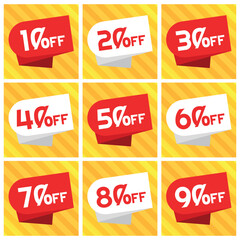 Numbers Discounts Set - Red and White Coupon Label in Square Shaped Image of 10%, 20%, 30%, 40%, 50%, 60%, 70%, 80% and 90% off. Orange and Yellow Background
