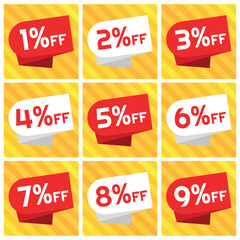 Numbers Discounts Set - Red and White Coupon Label in Square Shaped Image of 1%, 2%, 3%, 4%, 5%, 6%, 7%, 8% and 9% off. Orange and Yellow Background