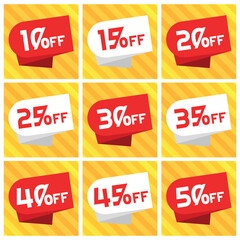 Numbers Discounts Set - Red and White Coupon Label in Square Shaped Image of 10%, 15%, 20%, 25%, 30%, 35%, 40%, 45% and 50% off. Orange and Yellow Background