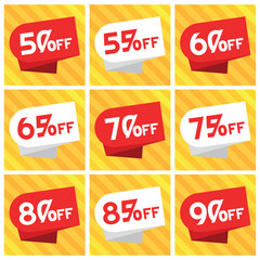 Numbers Discounts Set - Red and White Coupon Label in Square Shaped Image of 50%, 55%, 60%, 65%, 70%, 75%, 80%, 85% and 90% off. Orange and Yellow Background