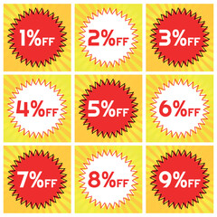 Numbers Discounts Set - Starburst Stamp Label in Square Shaped Image of 1%, 2%, 3%, 4%, 5%, 6%, 7%, 8% and 9% off. Orange and Yellow Background