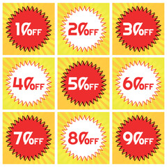 Numbers Discounts Set - Starburst Stamp Label in Square Shaped Image of 10%, 20%, 30%, 40%, 50%, 60%, 70%, 80% and 90% off. Orange and Yellow Background