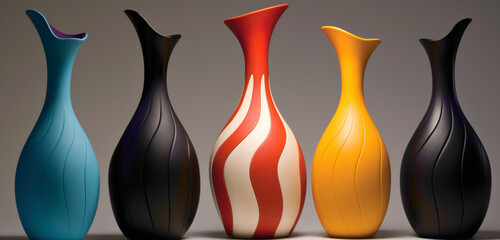 A perfectly unique and creatively shaped set of ceramic vases in bold, contrasting colors.