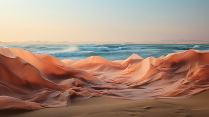 On background Ocean, sandy beach and very large fabric, transparent fabrics with draping and flying pastel tones, soft blue and pink color fabric. - obrazy, fototapety, plakaty
