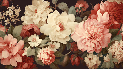 beautiful fantasy vintage wallpaper botanical flower bunch, vintage motif for floral print Generative Ai