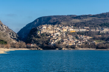 Fototapeta na wymiar Panoramic winter view of Barrea and its lake, province of L'Aquila in the Abruzzo region of Italy.