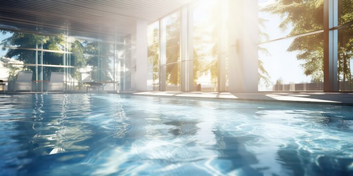 Enjoy the tranquil allure of a swimming pool with sunlights shimmering and creating a light and shadows effect.