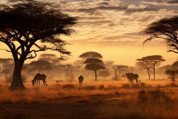 herd of elephants at sunset