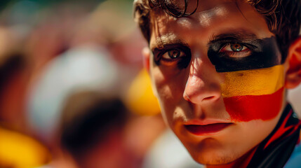 Male soccer supporter with the German national colors painted on his face. Concept of supporting a team and excitement for the sport.