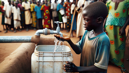 African boy collecting water. 1 in 3 African citizens are impacted by water scarcity. 400 million people in sub-Saharan Africa lack access to basic drinking water.  - obrazy, fototapety, plakaty