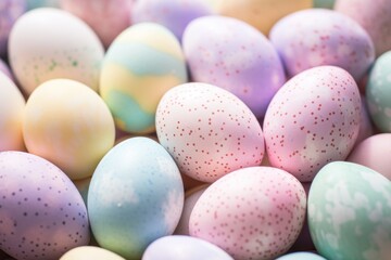 Fototapeta na wymiar Easter eggs background, their pastel stripes and dots a homage to the subtle beauty of the season.