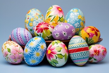 Fototapeta na wymiar A collection of brightly painted Easter eggs boasts a variety of patterns and colors, symbolizing the joy and creativity of the Easter season, on blue background 