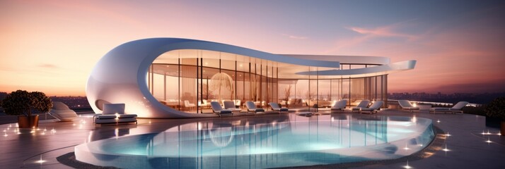 futuristic designed architecture of super modern luxury hotel - obrazy, fototapety, plakaty