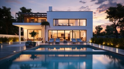 modern residential building with lighting and swimming pool in garden in the evening