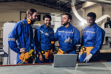 Fototapeta premium Carpenter working on woodworking machines in carpentry shop. Carpenter working to making wood furniture in wood workshop